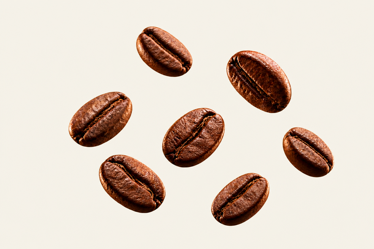 Granos de café tostados en una composición flotante